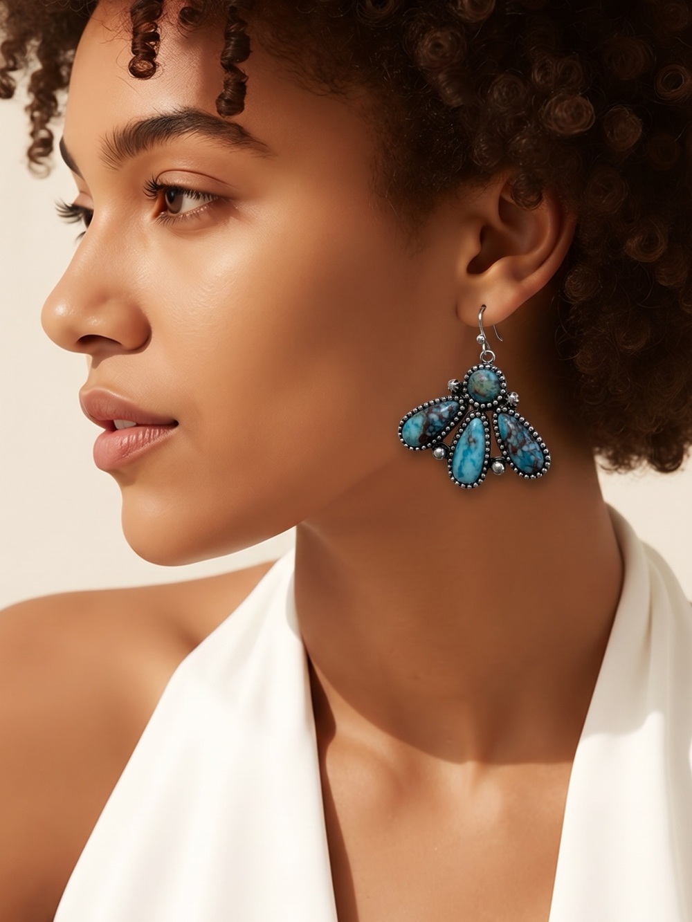 NWT Western Squash Blossom Turquoise Stone Dangle Earrings